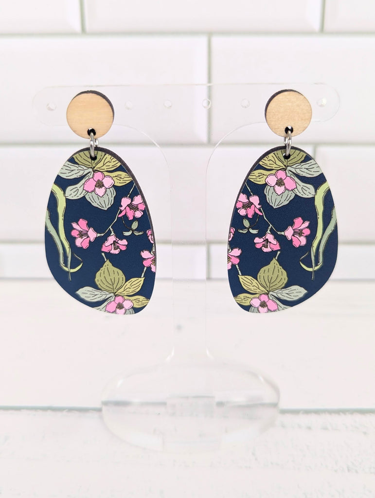 Earthy Blue Floral Dangles on Birch