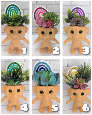 Troll Pots with Faux Succulents and Rainbow Pot Stakes