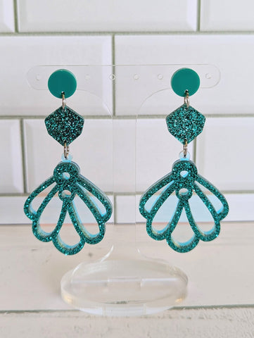 Teal Glitter Clamshell Dangles